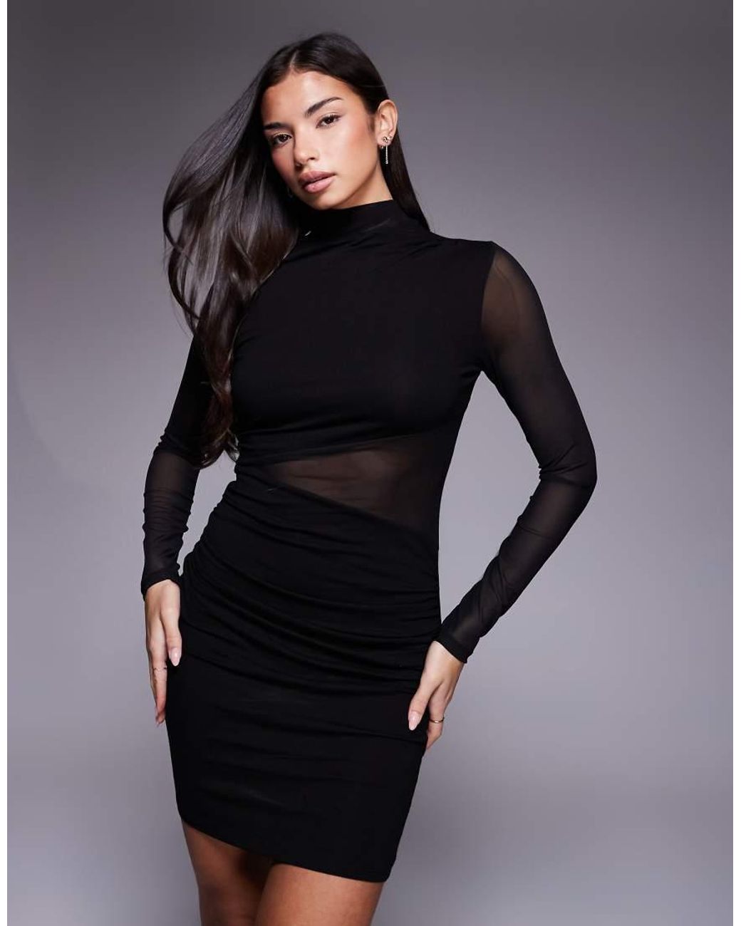 ASOS Black Mesh Draped Mini Dress With High Neck