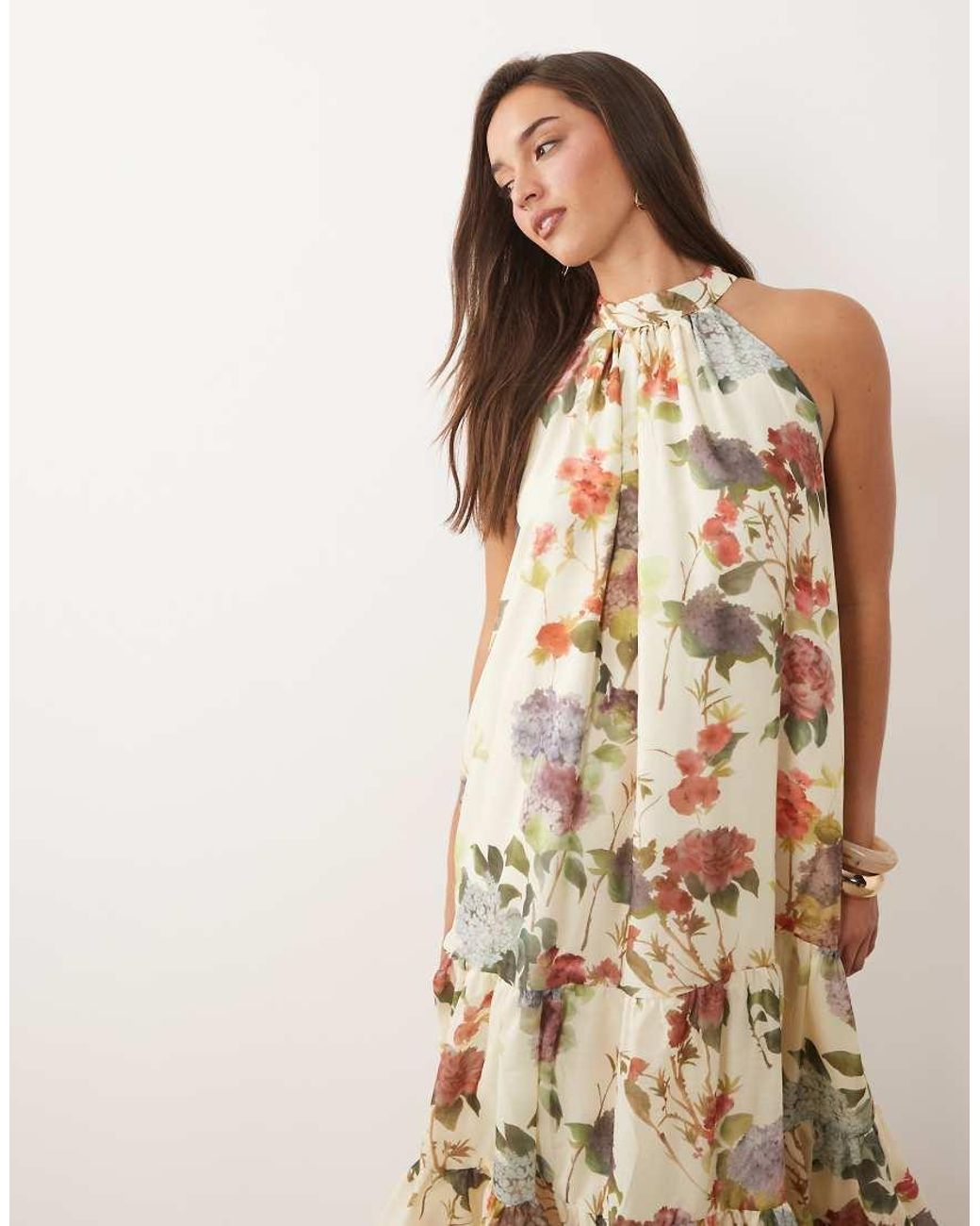 Vila Natural Halter Neck Tiered Midi Dress