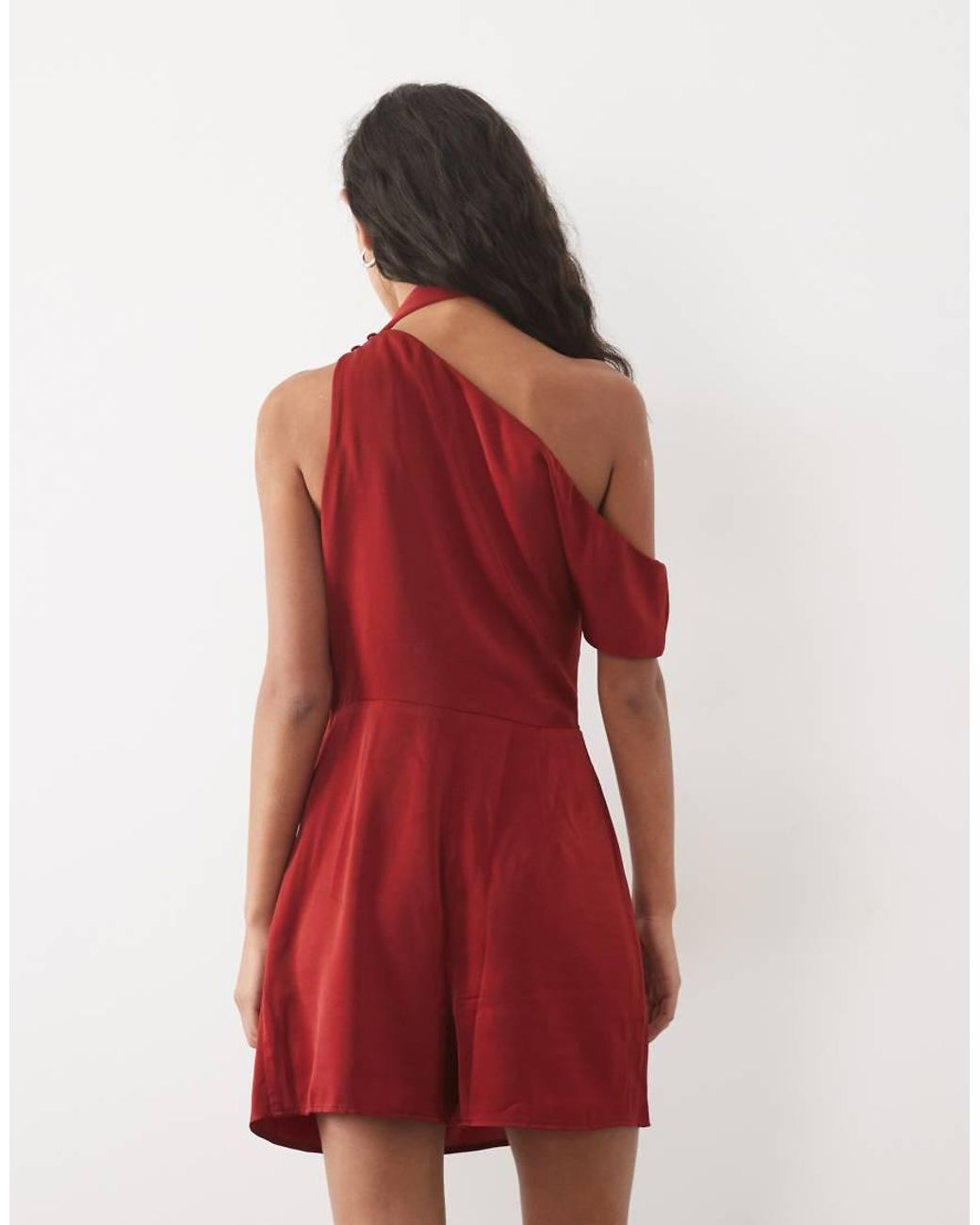 ASOS Red Satin Fallen Shoulder Playsuit With Tie Neck
