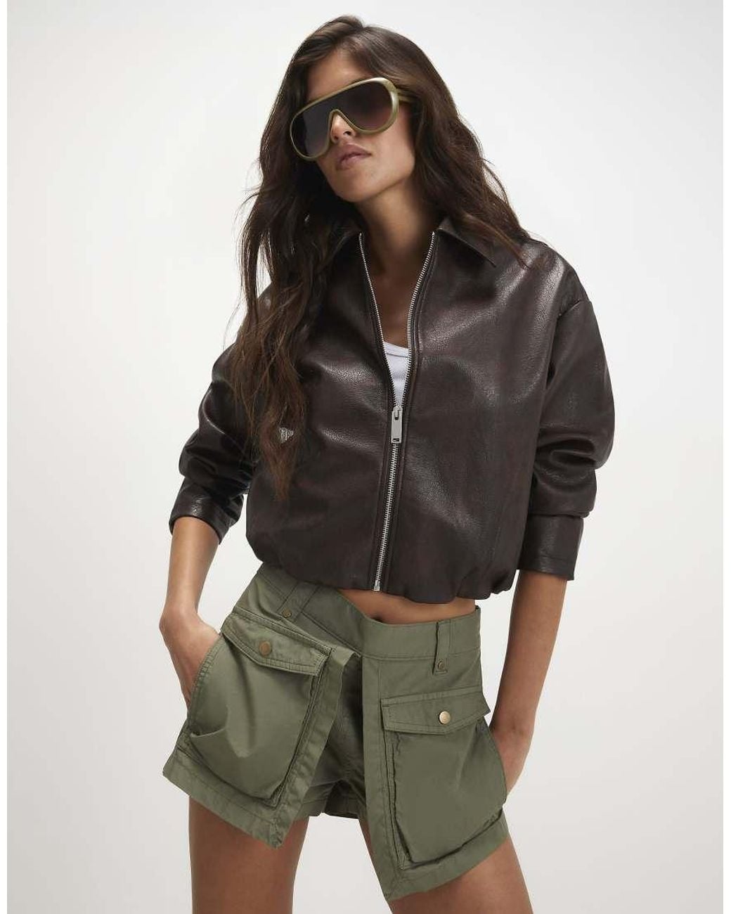 River Island Brown Washed Faux Leather Bomber Jacket