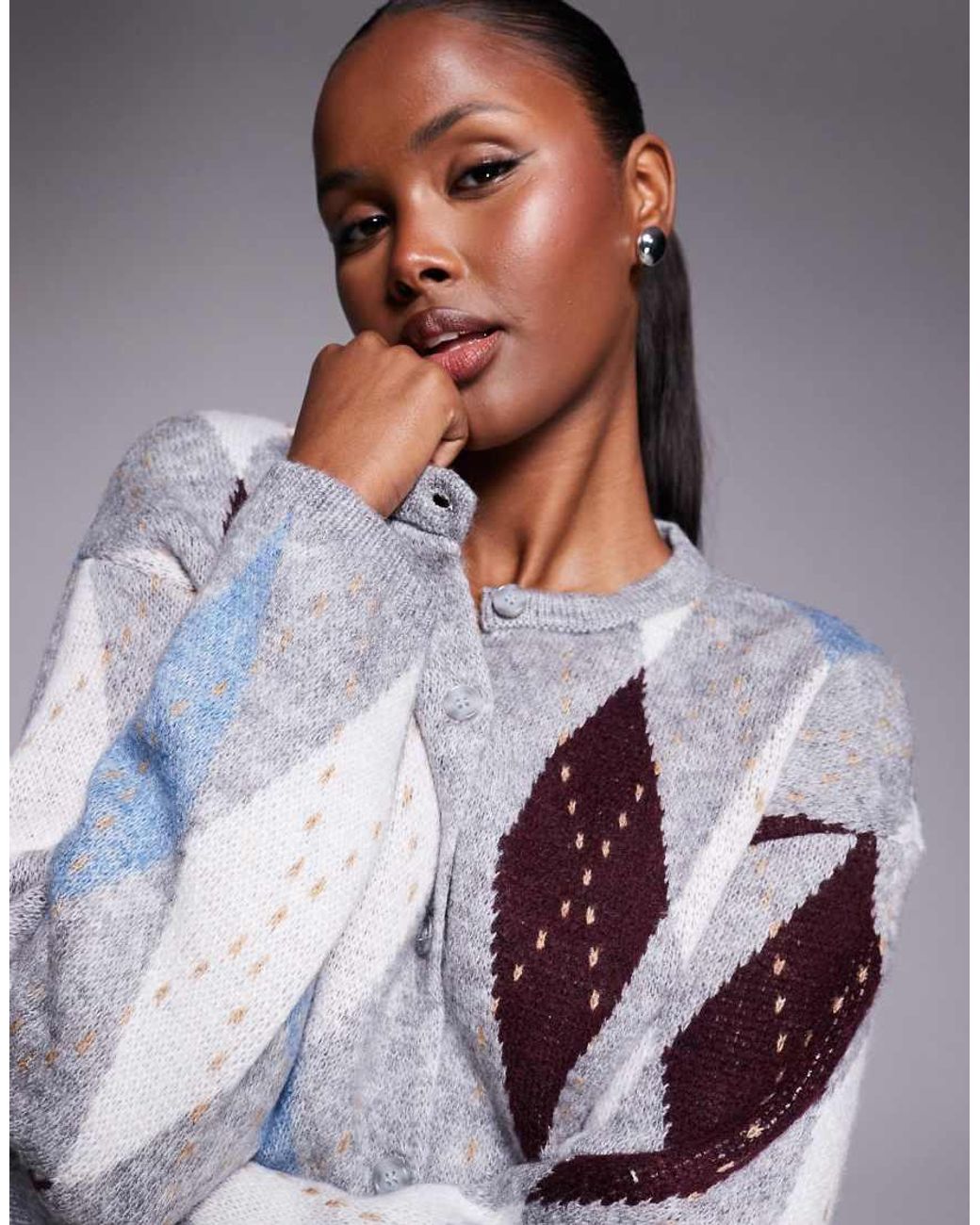 River Island Gray Argyle Pattern Cardigan