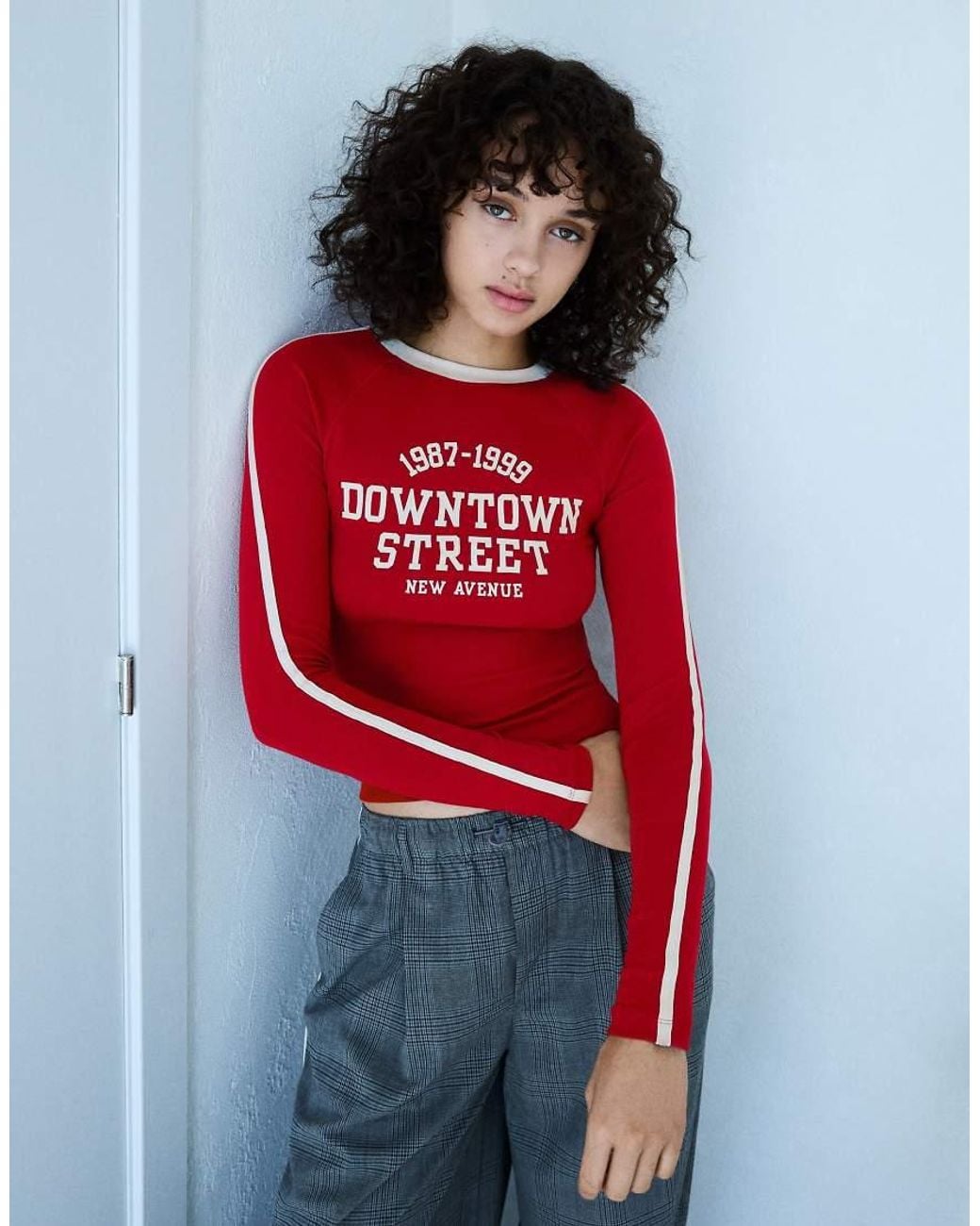 Bershka Blue Contrast Print Long Sleeve T-shirt