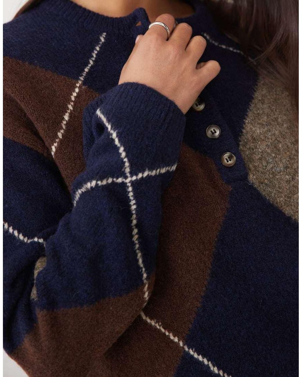 Nobody's Child Blue Henley Wool Mix Argyle Long Sleeve Collared Jumper