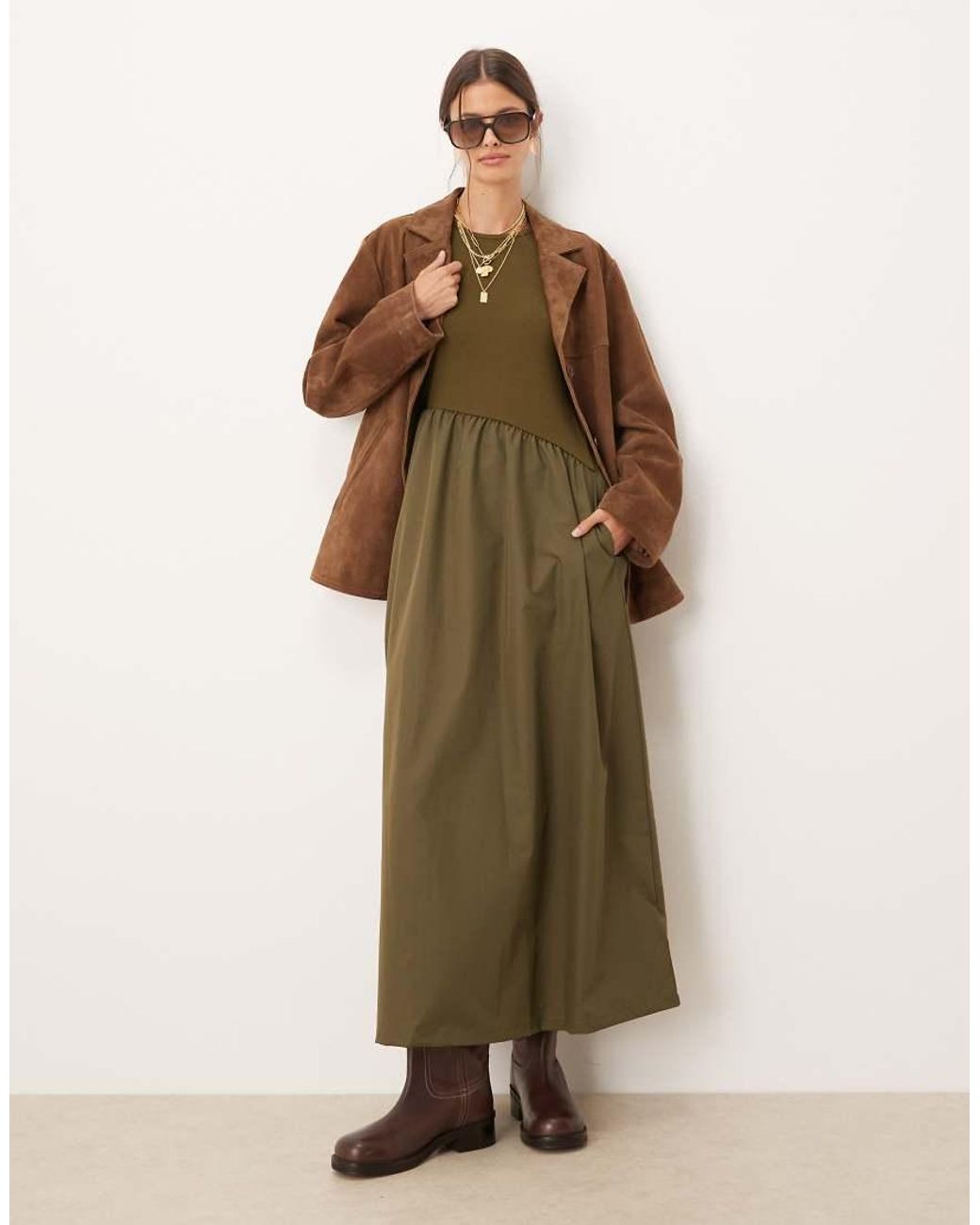 Threadbare Green Long Sleeve Midi Dress With Poplin Skirt