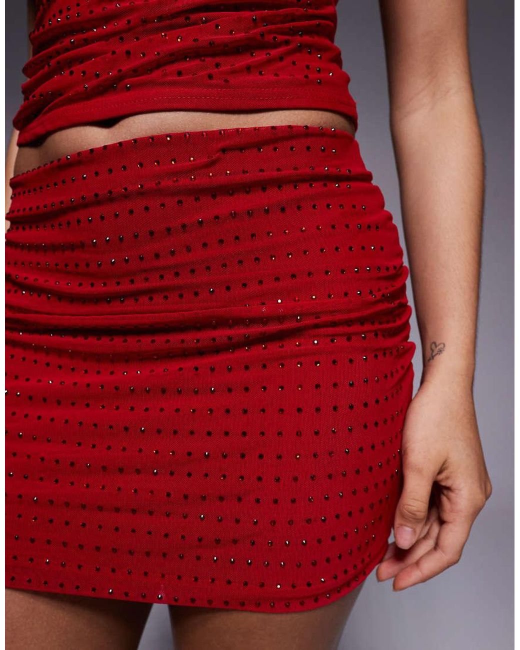 Kaiia Red Exclusive Double Laye Slinky Hotfix Mini Skirt Co-ord