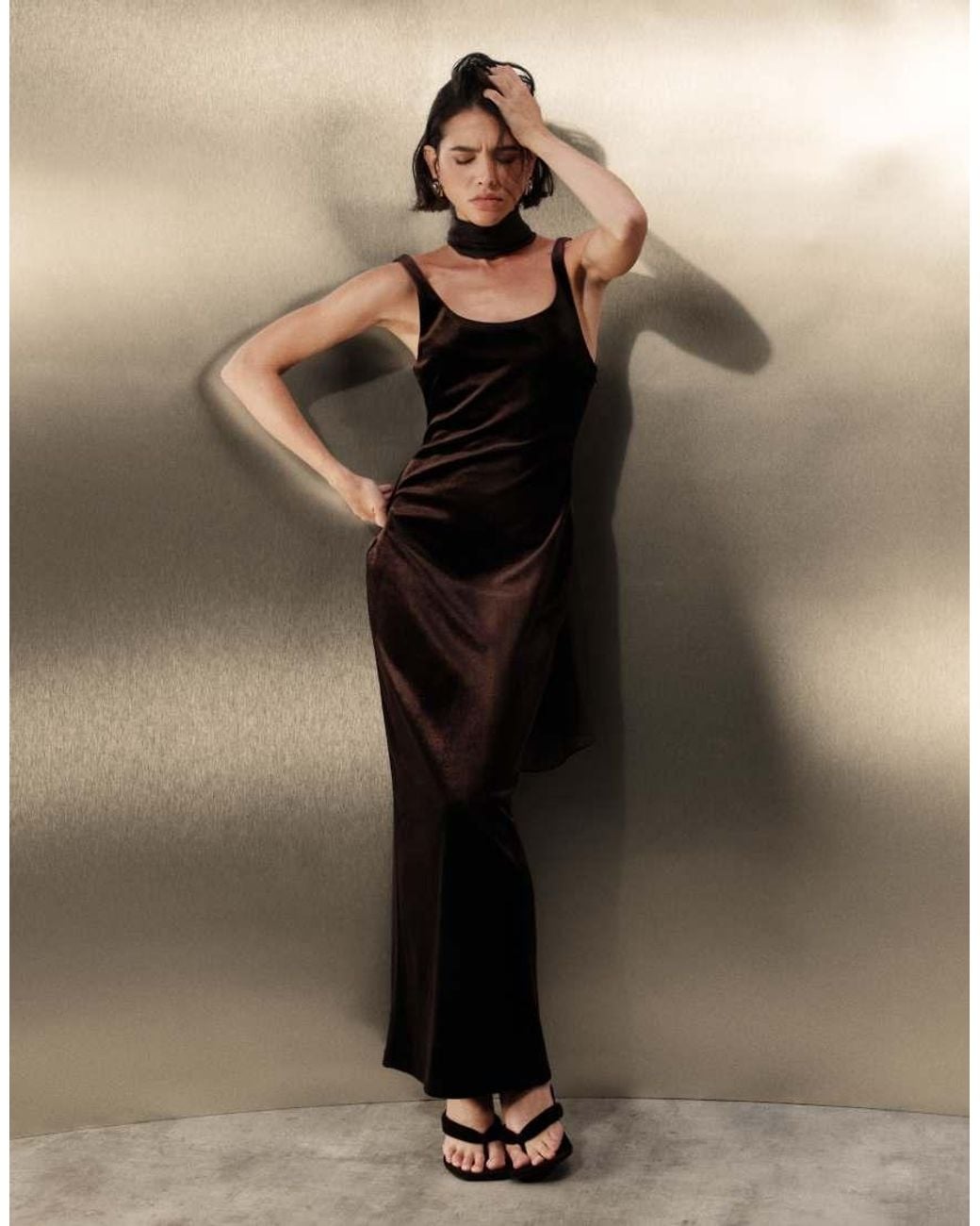 Pretty Lavish Brown Velvet Scoop Neck Scarf Detail Maxi Dress