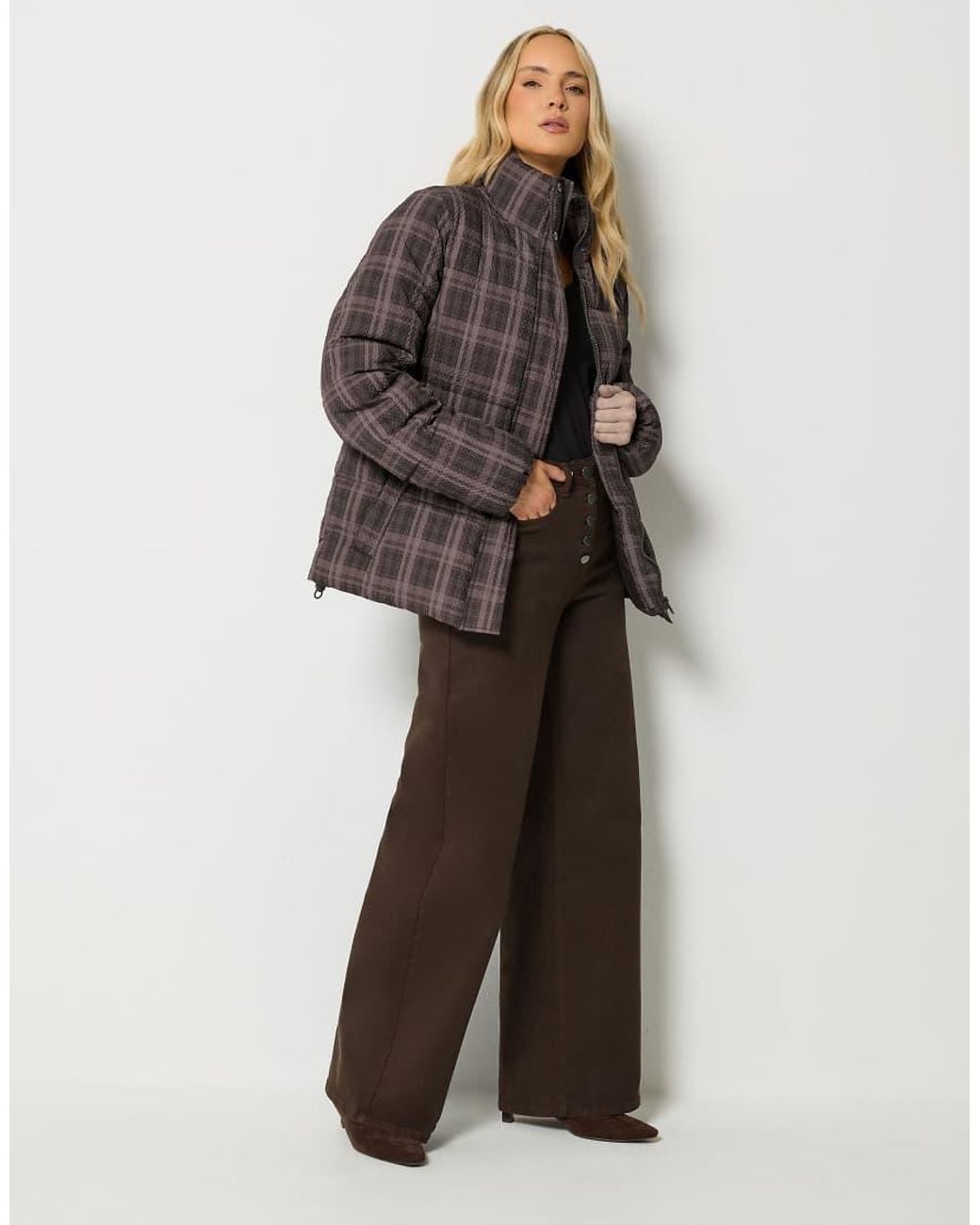 Long Tall Sally Brown Check Crinkle Padded Coat