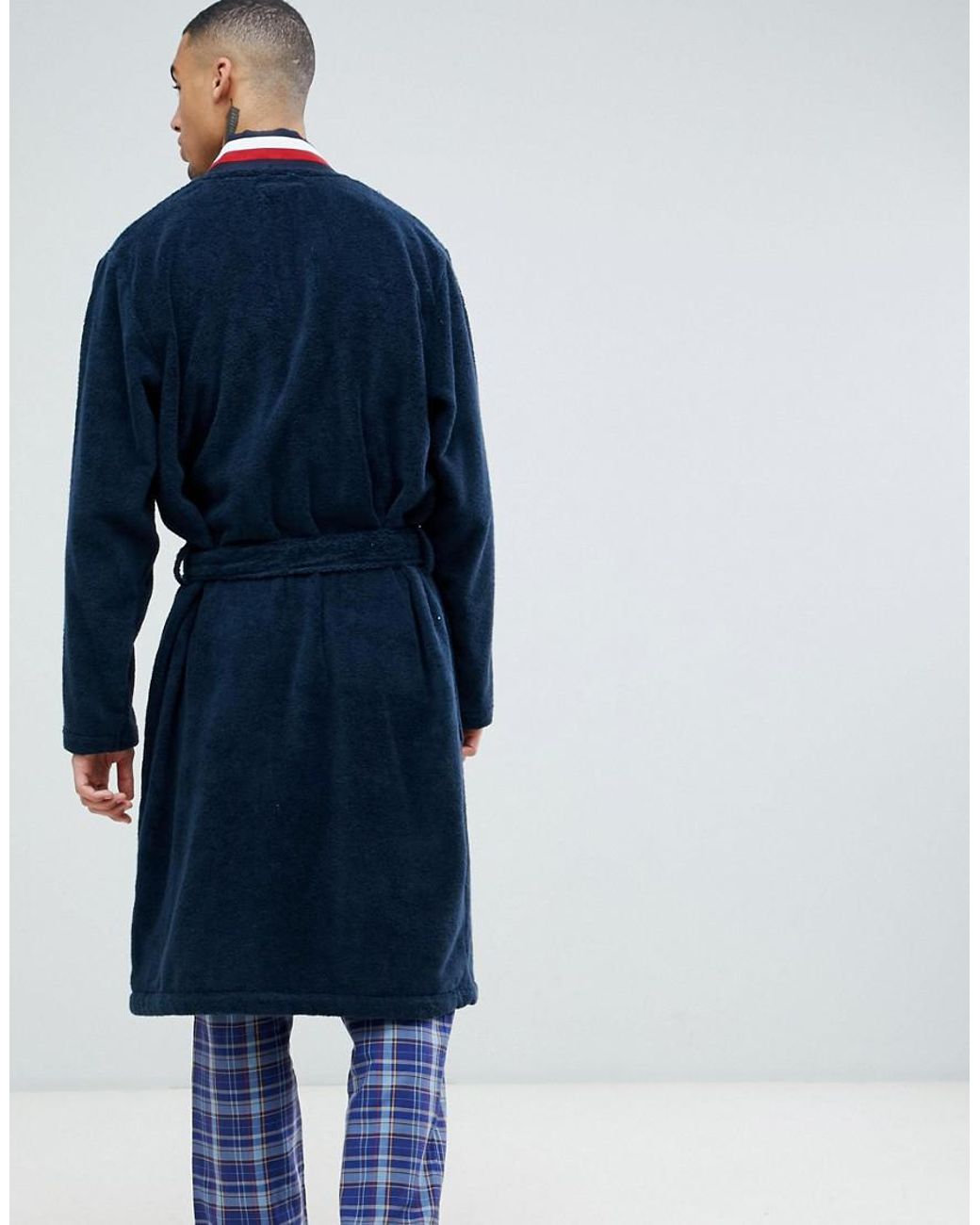 Tommy Hilfiger Dressing Gown With H Logo And Stripe Shawl Collar In Navy in  Blue for Men | Lyst