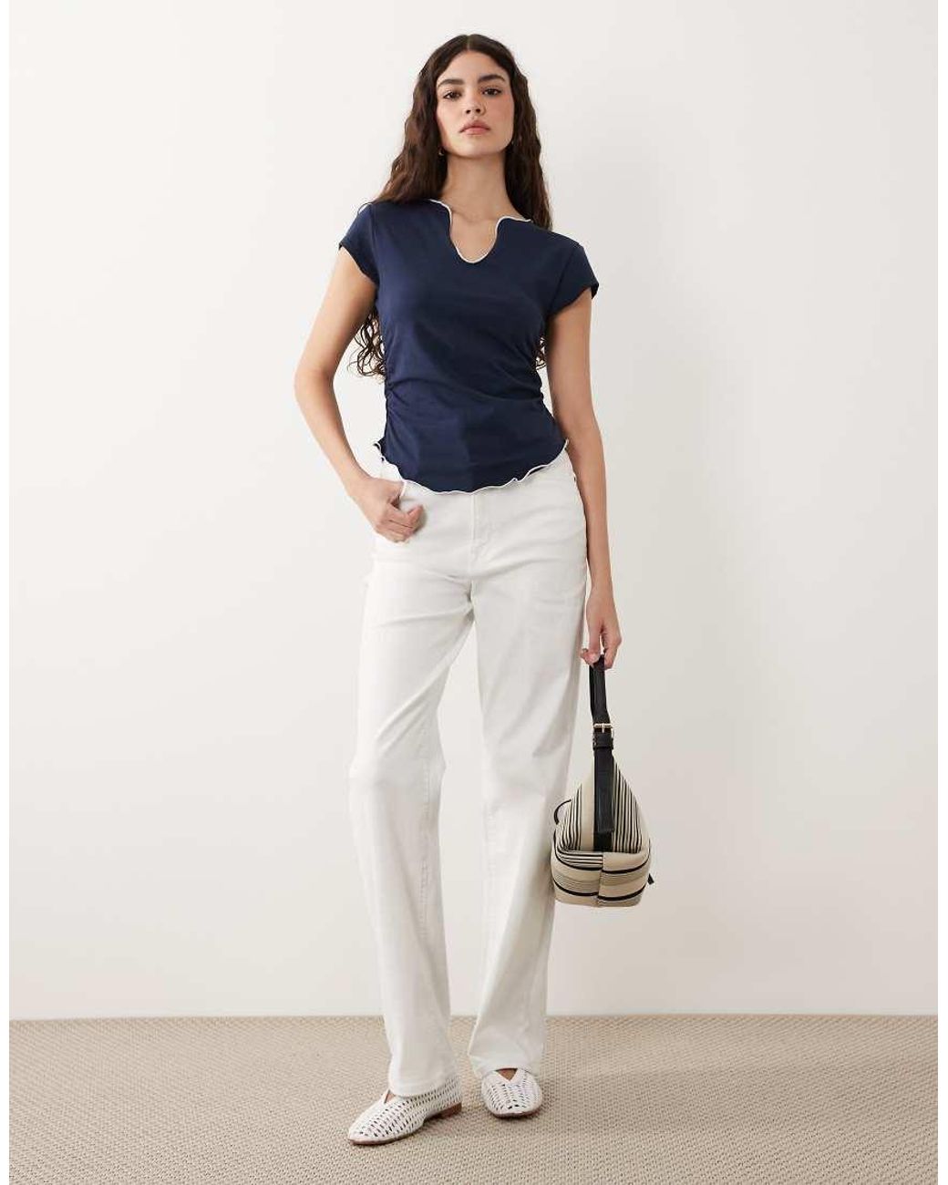 ASOS Blue Cap Sleeve V Neck Top With Contrast Edge