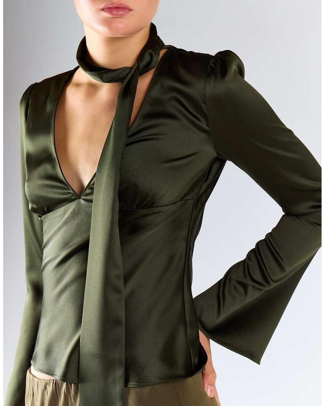 Glamorous Green Tie-Neck Long Sleeve Top