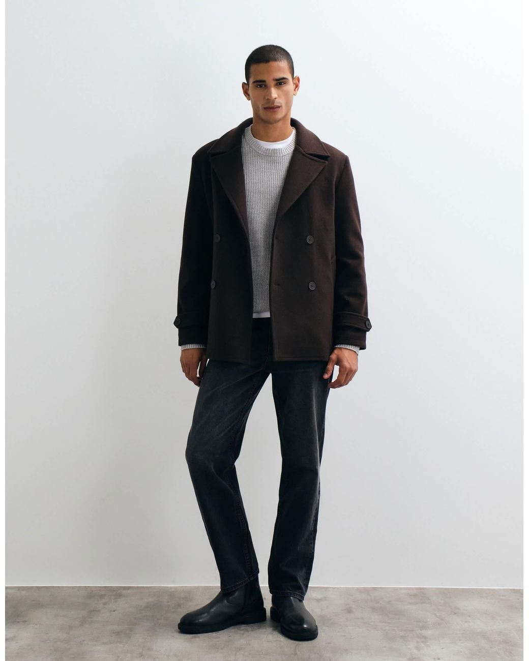 Threadbare Black Faux Wool Double Breasted Jacket for men