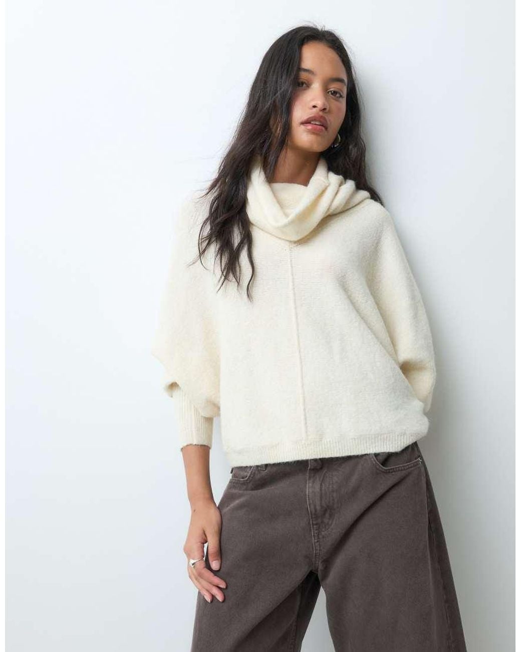 ASOS Gray Longline Funnel Neck Brushed Batwing Jumper
