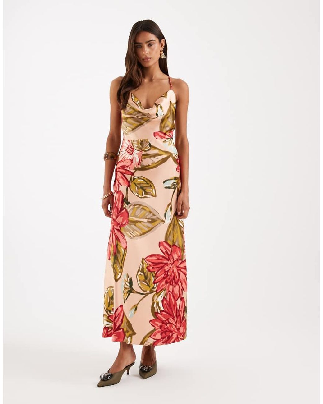 New Look White Satin Cowl Neck Floral Midi Dress