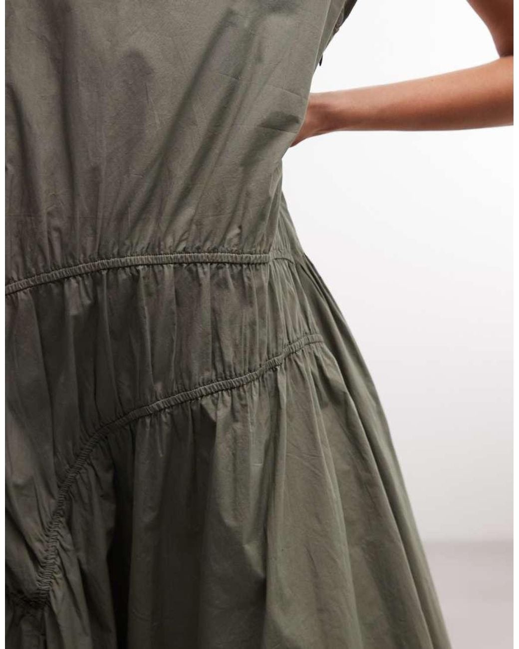 AllSaints Green Triana Ruched Ruffle Midi Dress