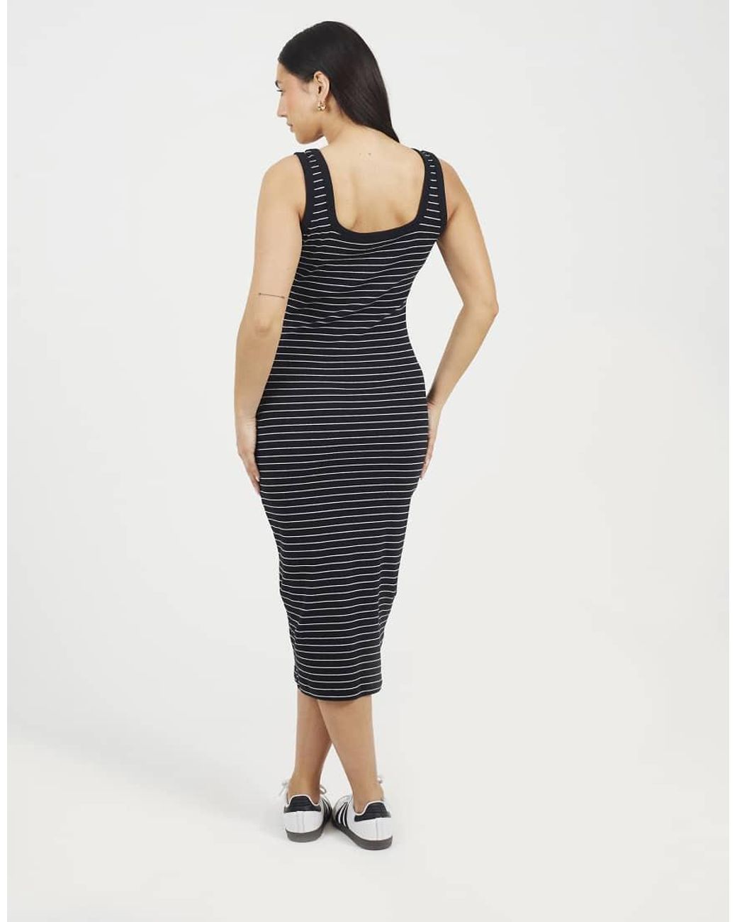 Brave Soul Blue Cotton Jersey Scoop Neck Stripe Bodycon Midi Dress