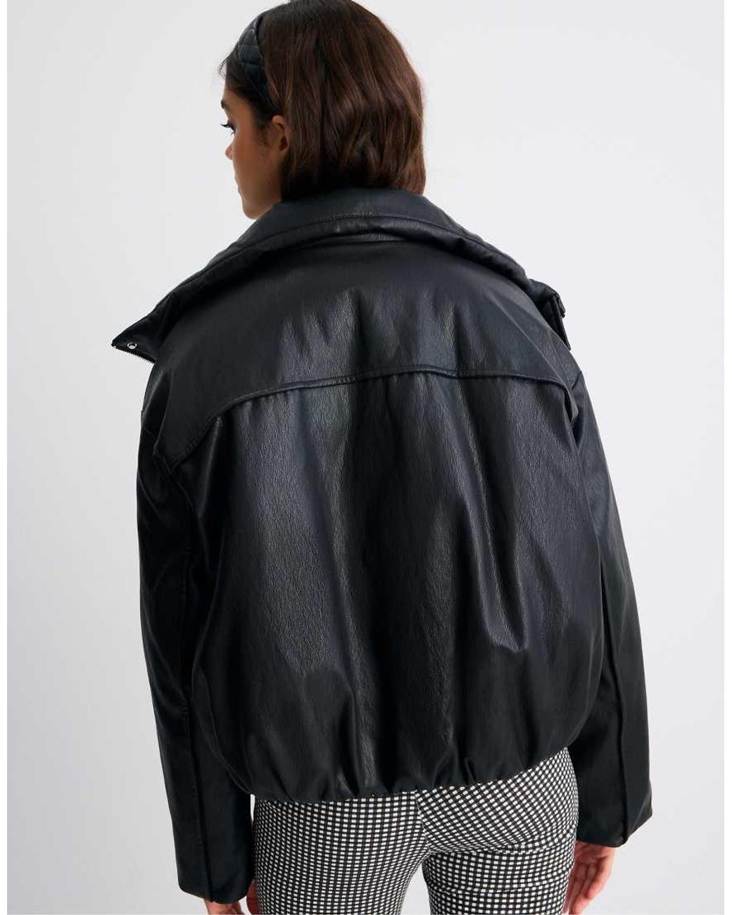 Stradivarius Black Leather Effect High Neck Puffer Jacket
