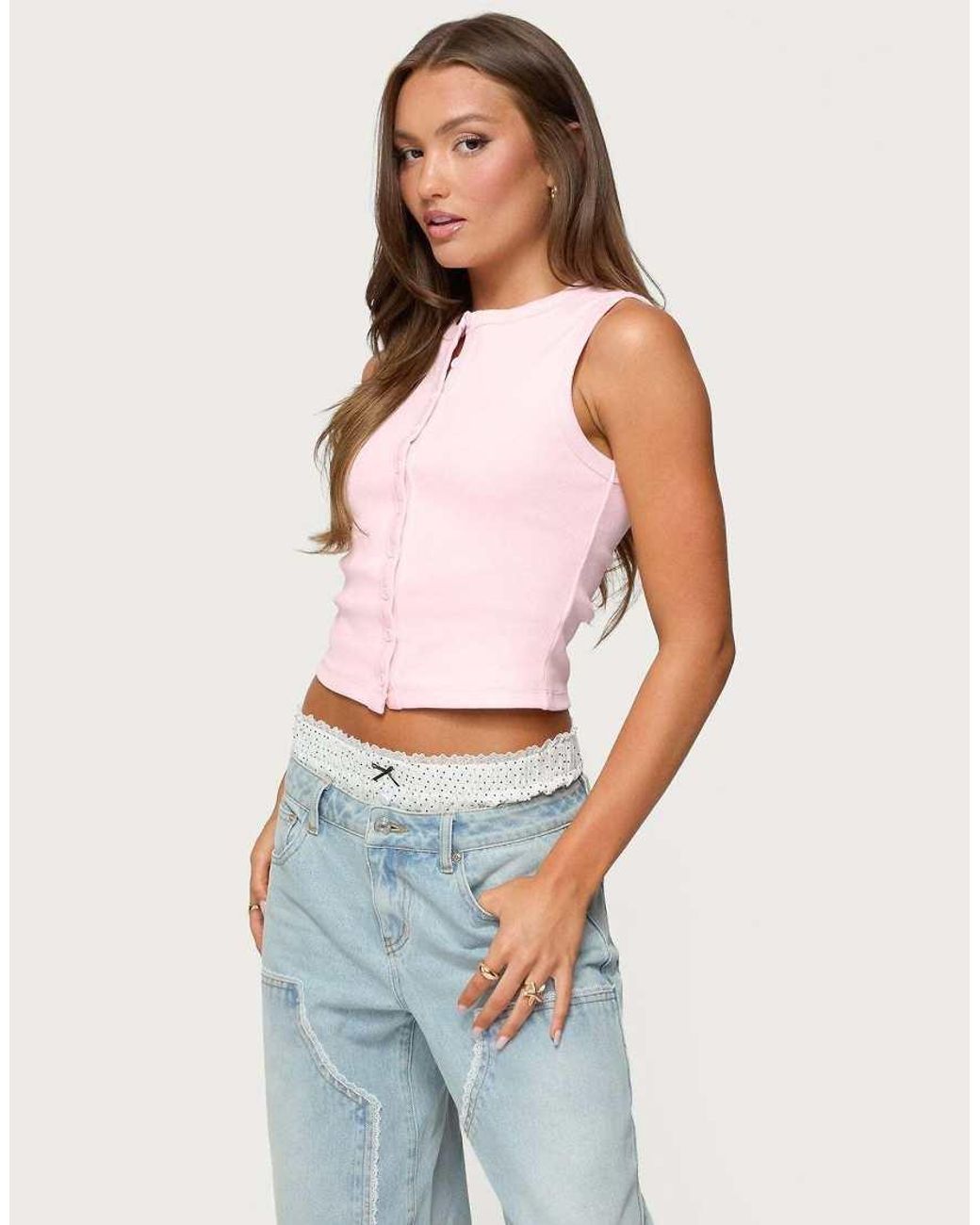 Edikted Blue Basel Button Up Tank Top