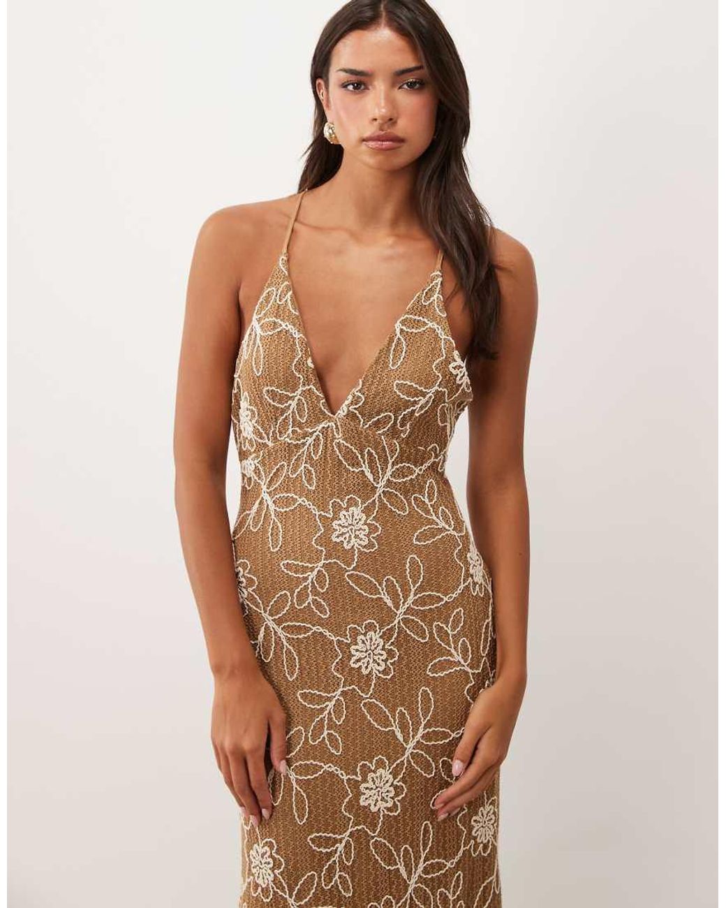 ASOS Natural Embroidered Crochet Maxi Dress With Cut Outs