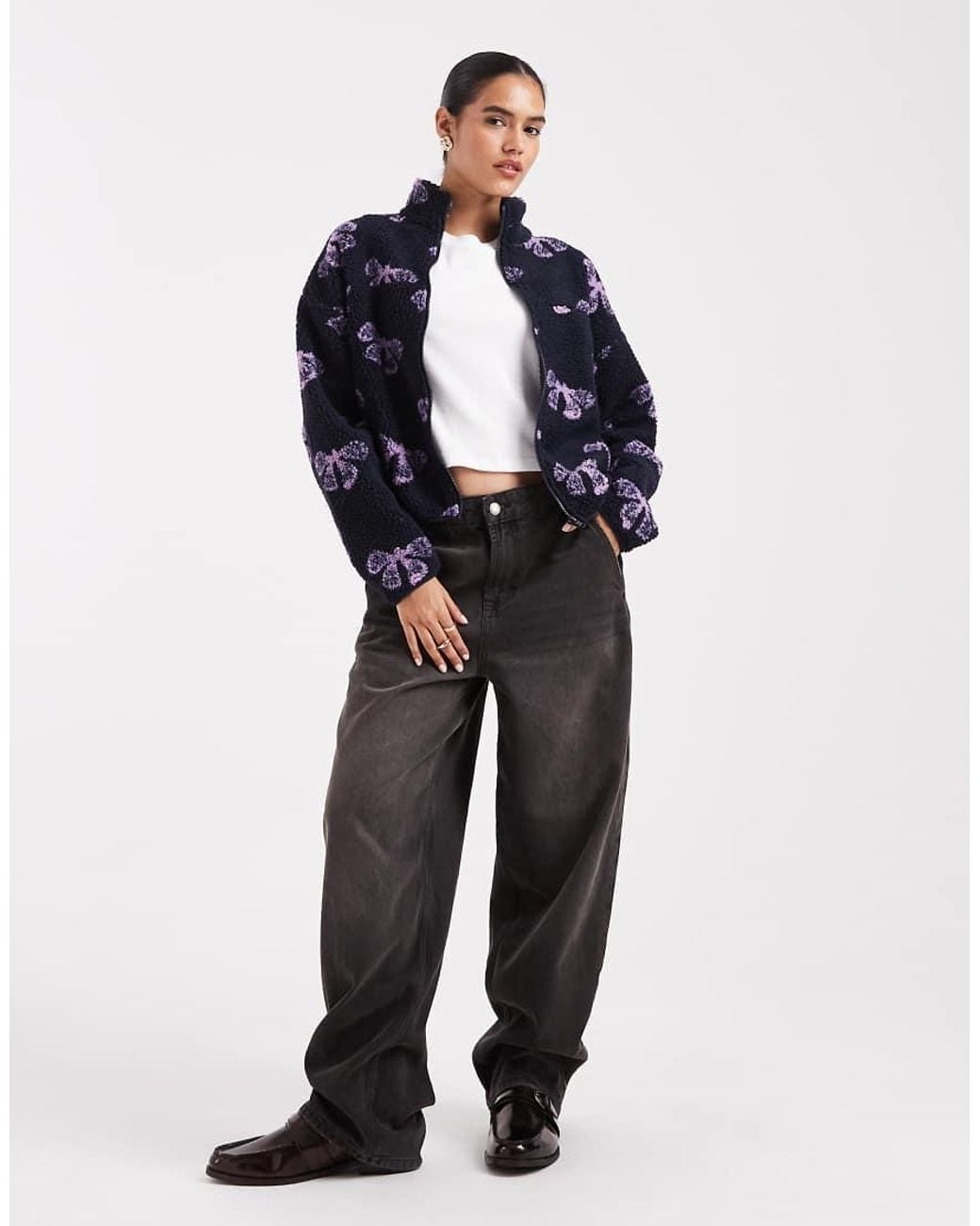 Brave Soul Blue Bow Print Full Zip Fleece