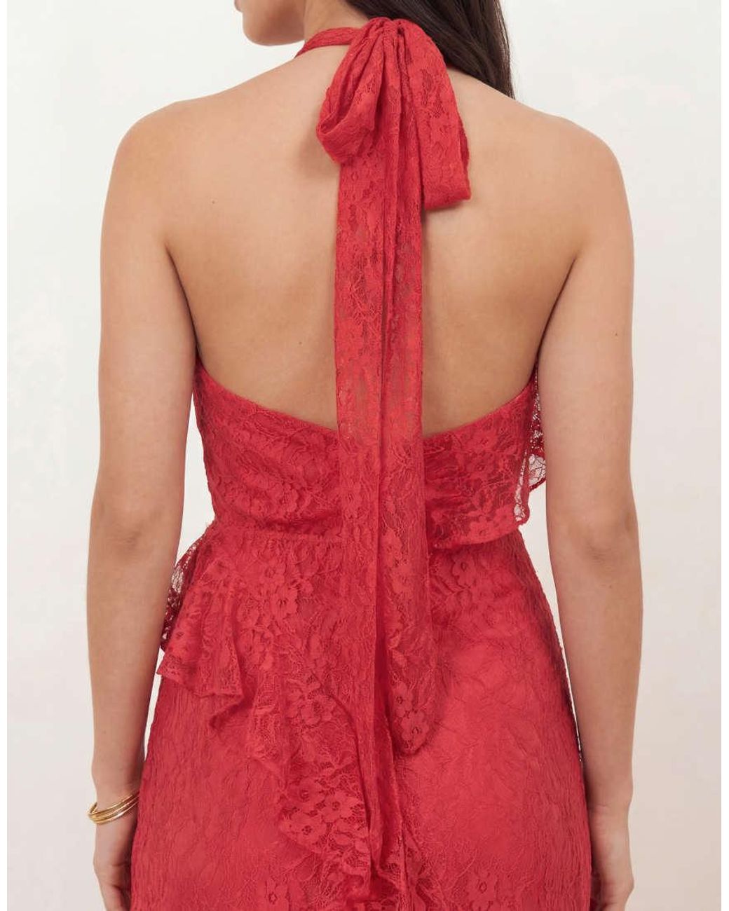 Maya Red Embellished Halter Neck Lace Maxi Dress