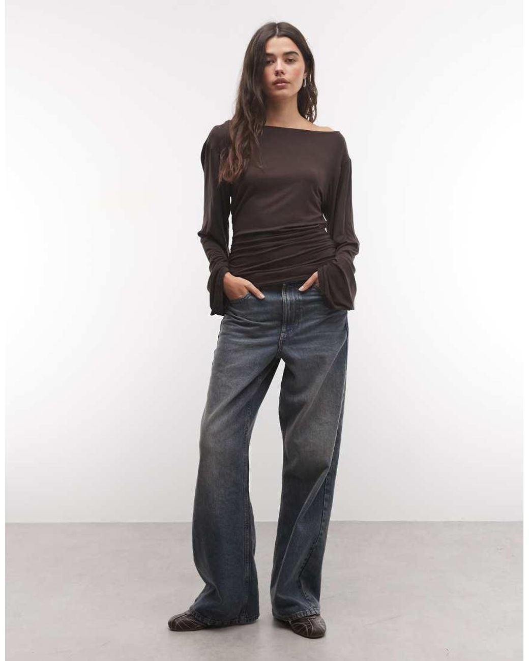 Monki Brown Off Shoulder Long Sleeve Top