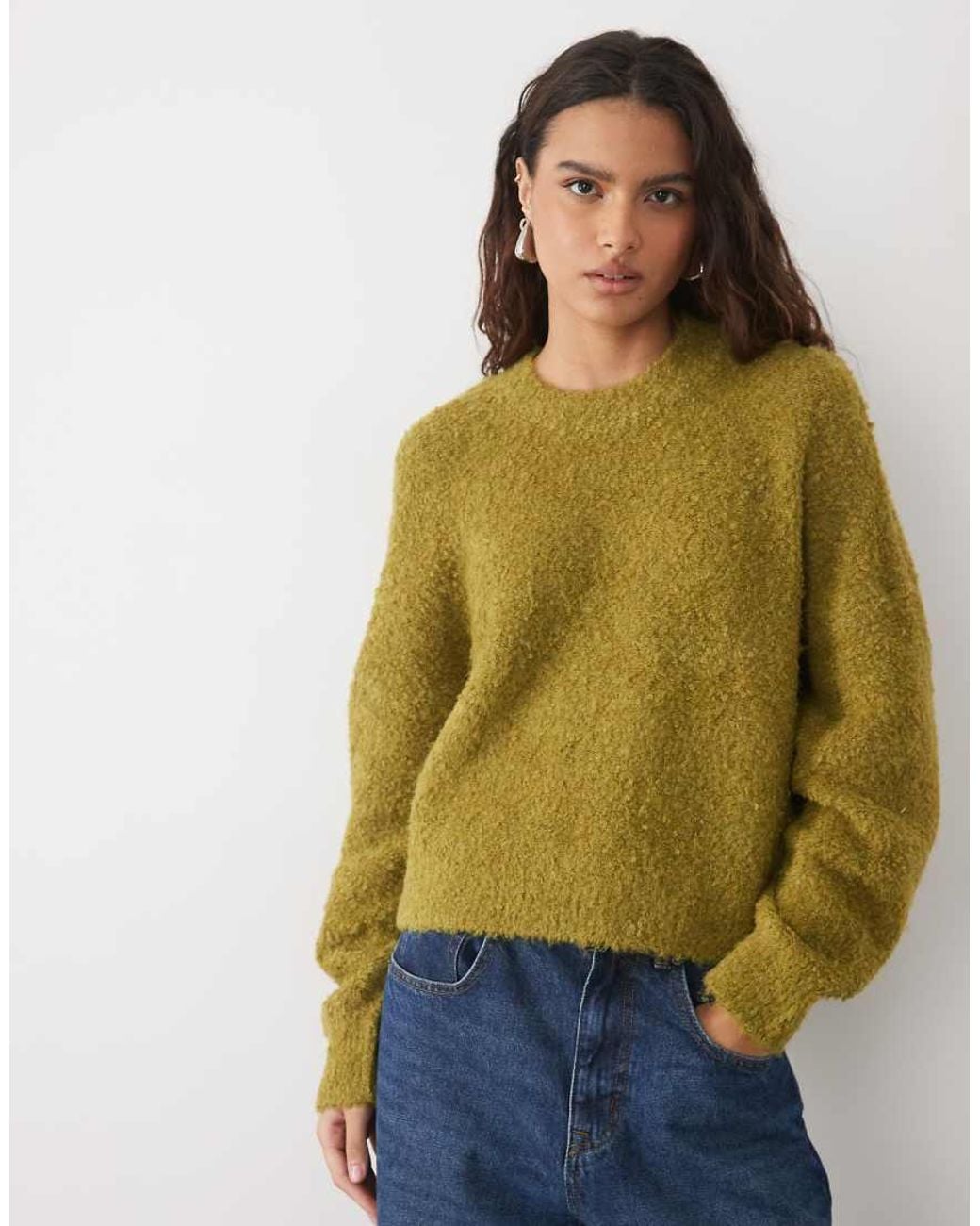 Pieces Green Frill Trim Boucle Knit Jumper With Wool