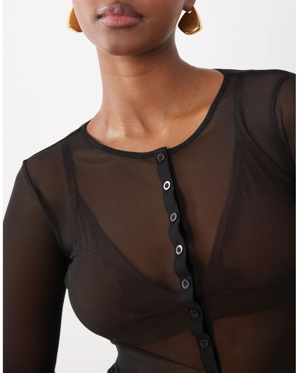 ASOS Black Crew Neck Button Down Long Sleeve Top With Split