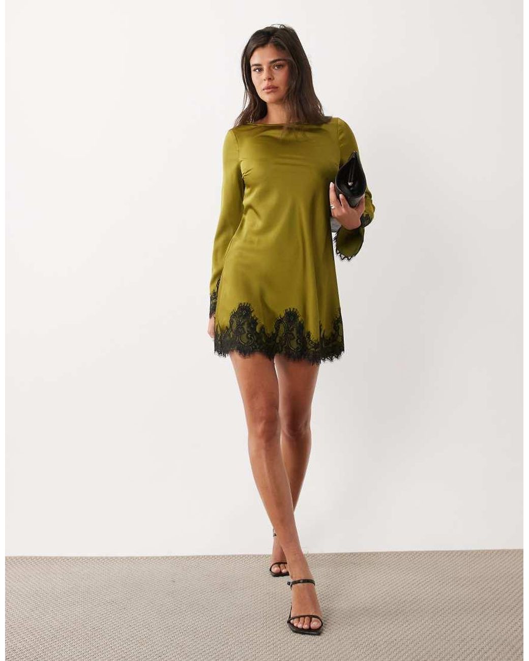 Nobody's Child Green Kamari Satin Boat Neck Lace Trim Mini Dress