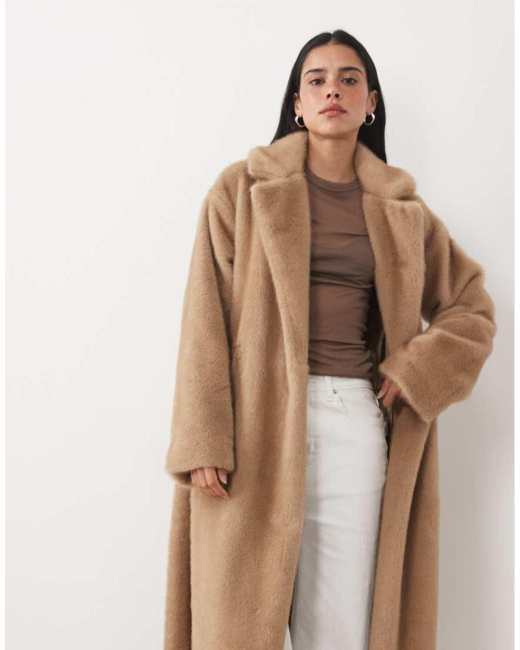 4th & Reckless Natural Brushed Faux Fur Collared Tie Waist Maxi Coat