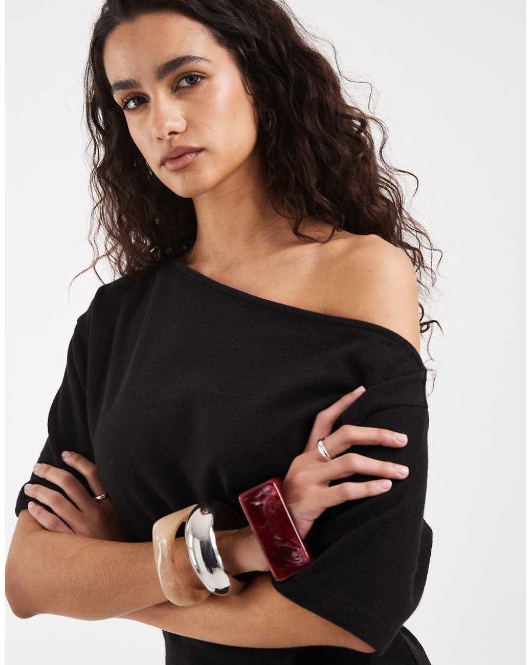 ASOS Black Textured Off Shoulder T-shirt