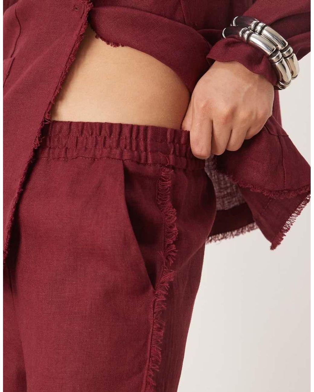 Mango Red Co-ord 100% Linen Frayed Edge Pull On Trouser