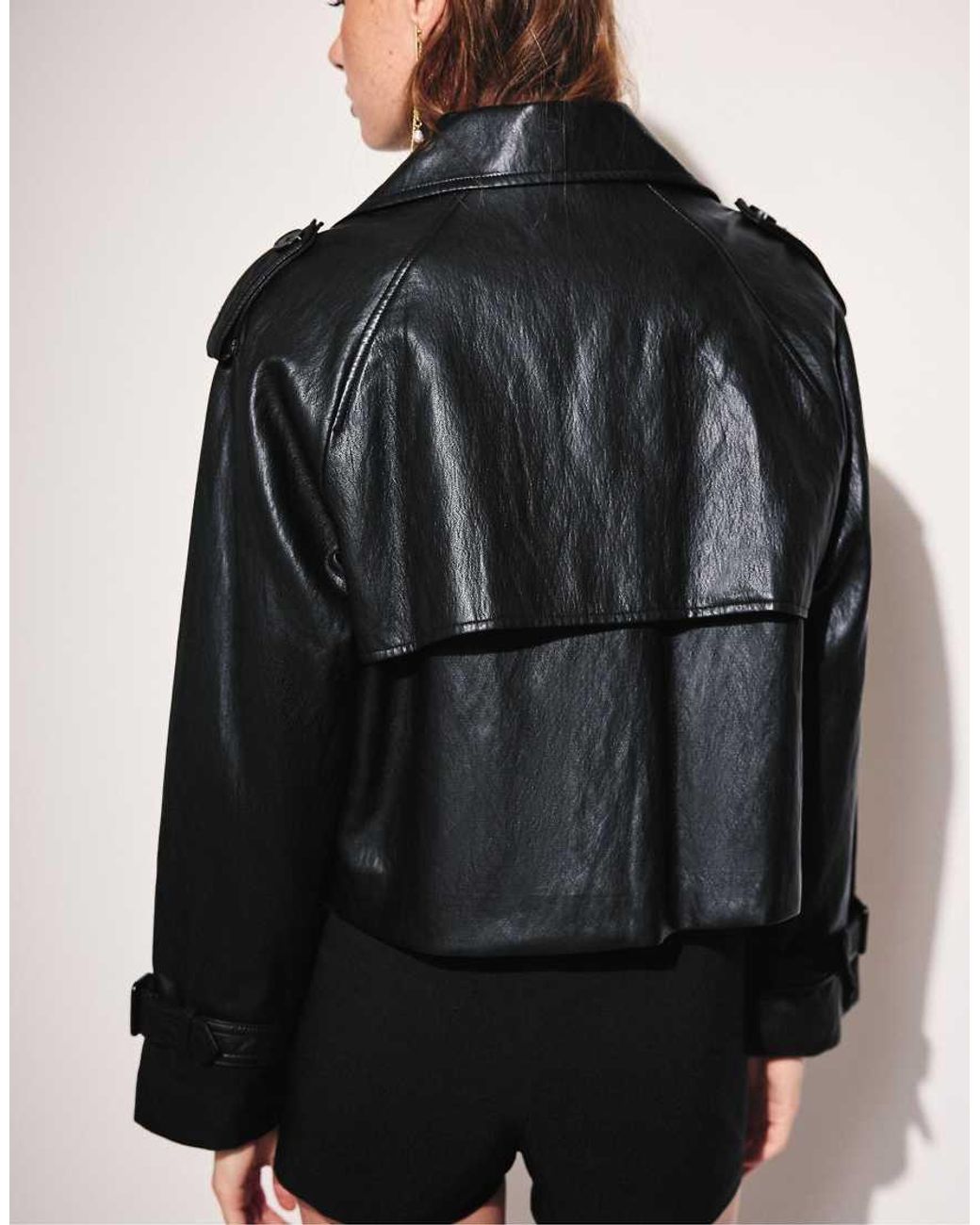 Stradivarius Black Leather-effect Cropped Trench Coat