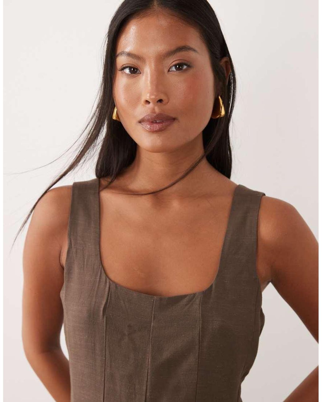 Vila Brown Square Neck Linen-Touch Midi Dress
