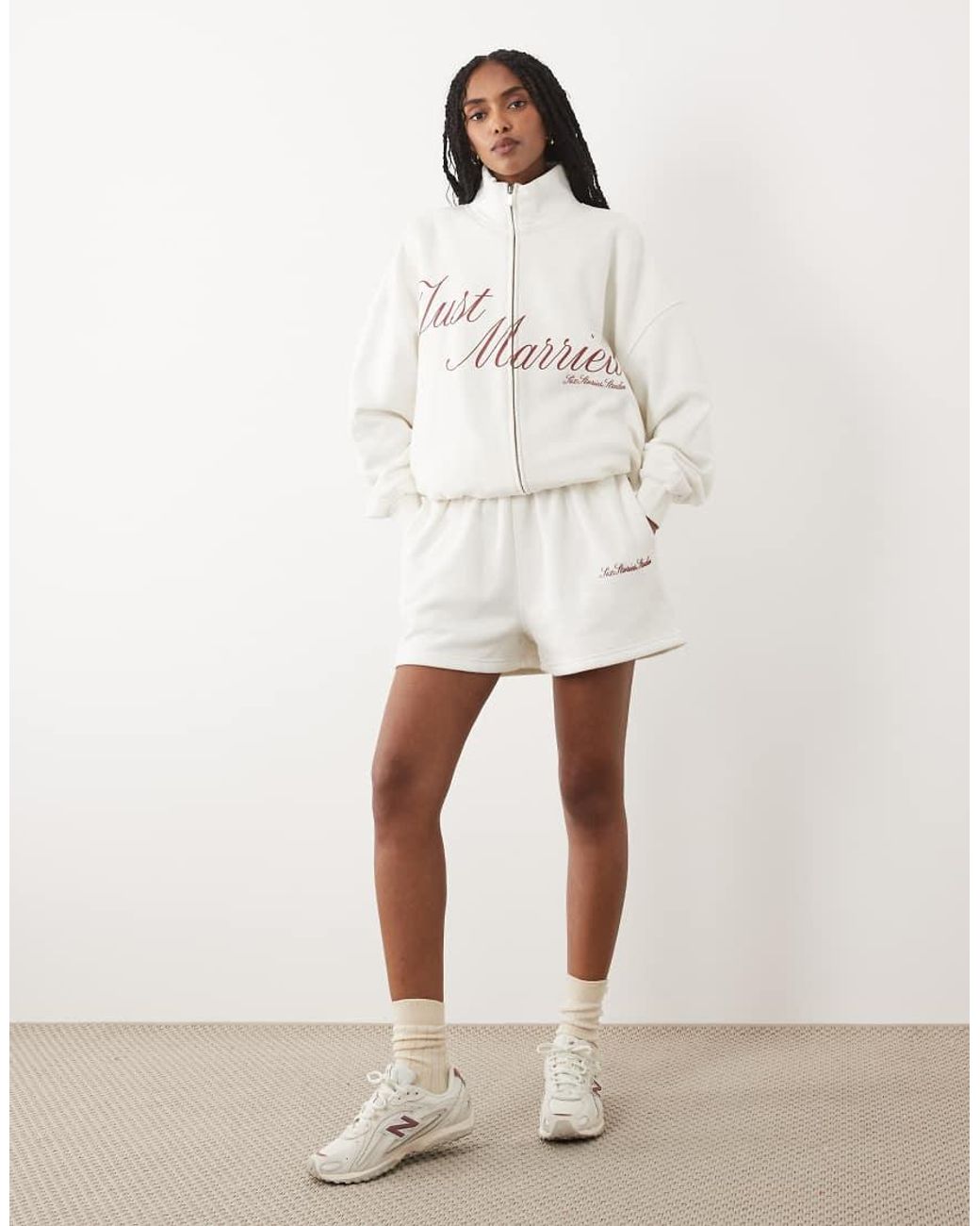 Six Stories Natural 'just Married' Cotton Jersey High Neck Zip Through Jumper Co-ord