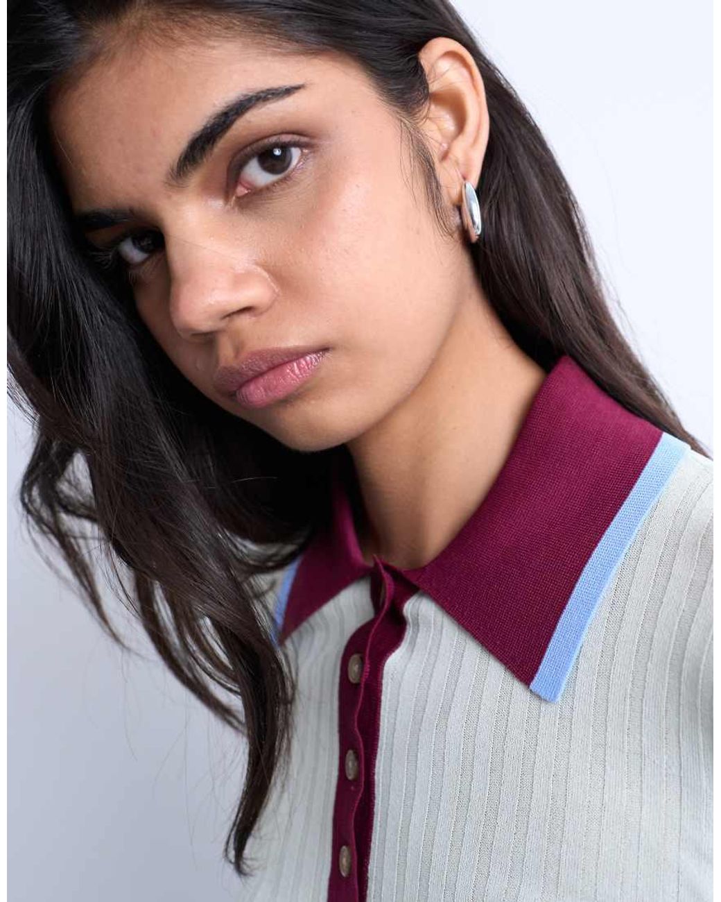 TOPSHOP White Knitted Contrast Collar Sheer Rib Polo