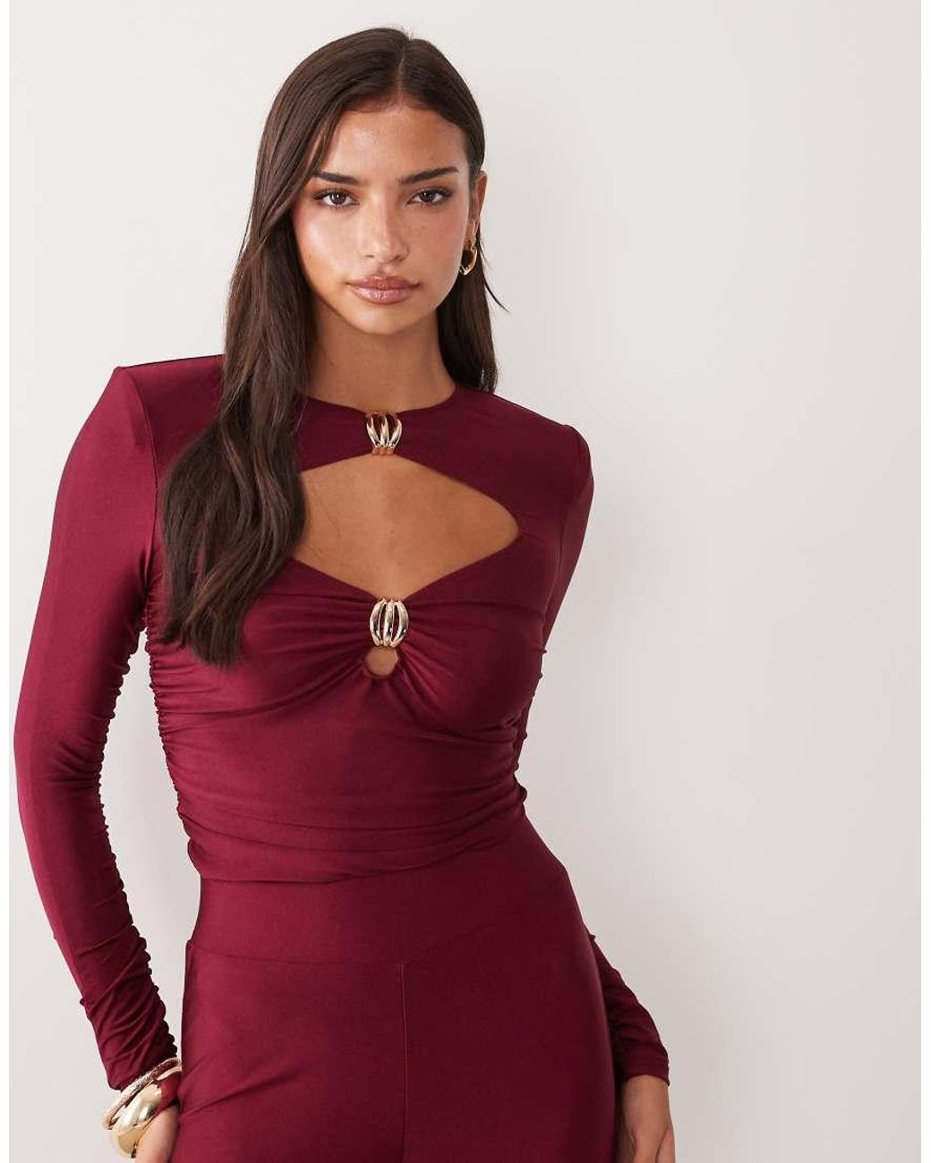 Ruched & Ready Red Sculpted High Shine Gold Hardware Detail Bodysuit Co-ord