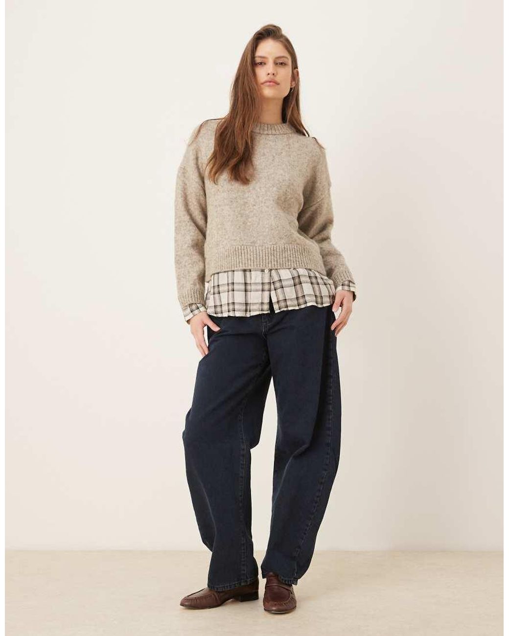 Mango Natural Knit Sweater With Plaid Shirt