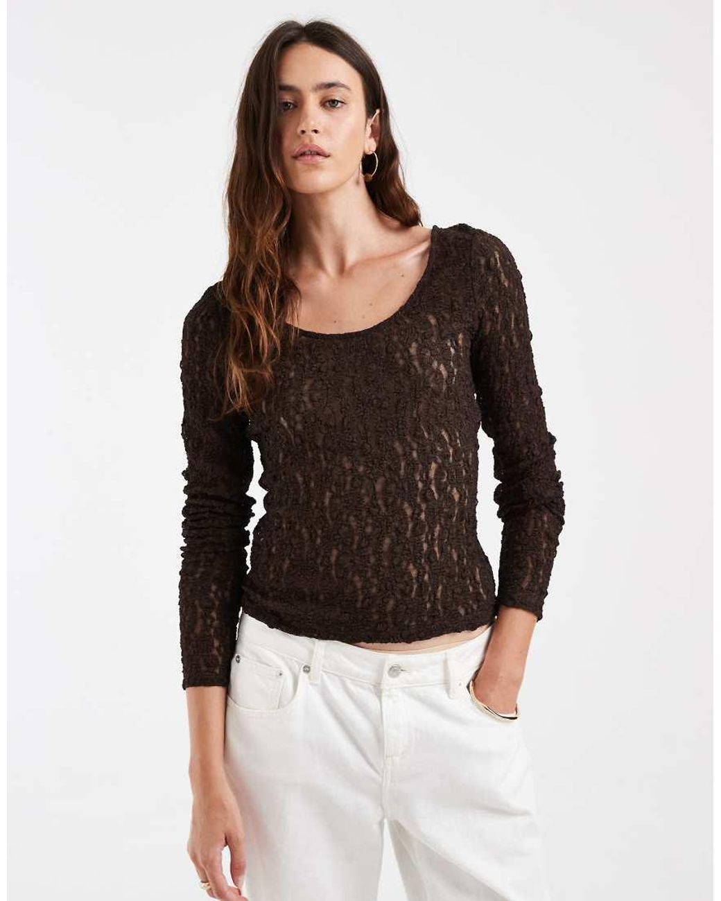 Vero Moda Brown Long Sleeve Lace Reversible Top