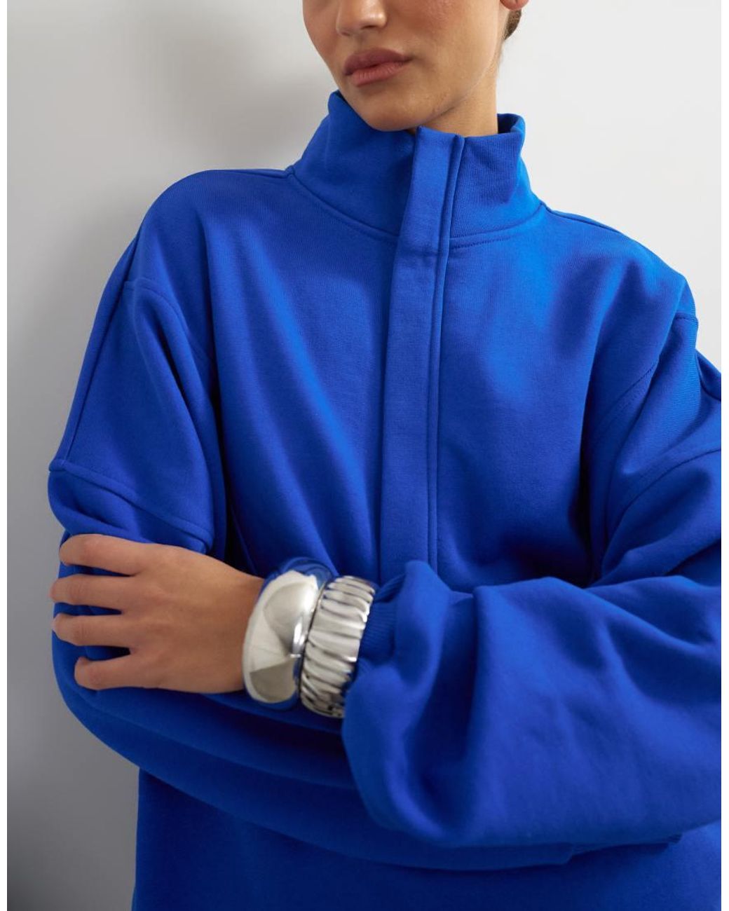 TOPSHOP Blue High Neck Concealed Placket Sweat