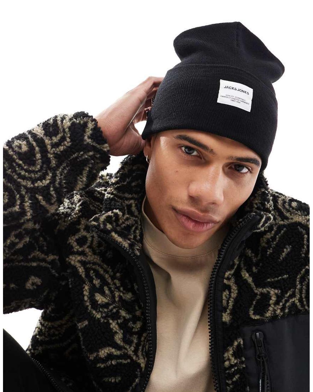 Jack & Jones Black Oversized Knitted Beanie for men