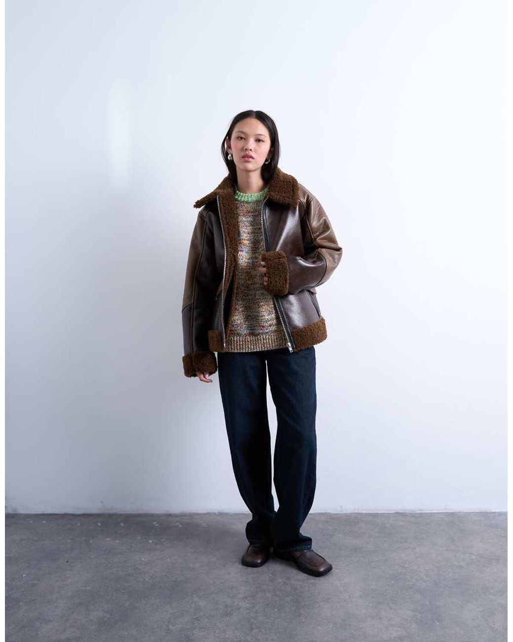 TOPSHOP Brown Shearling Patchwork Faux Leather Jacket