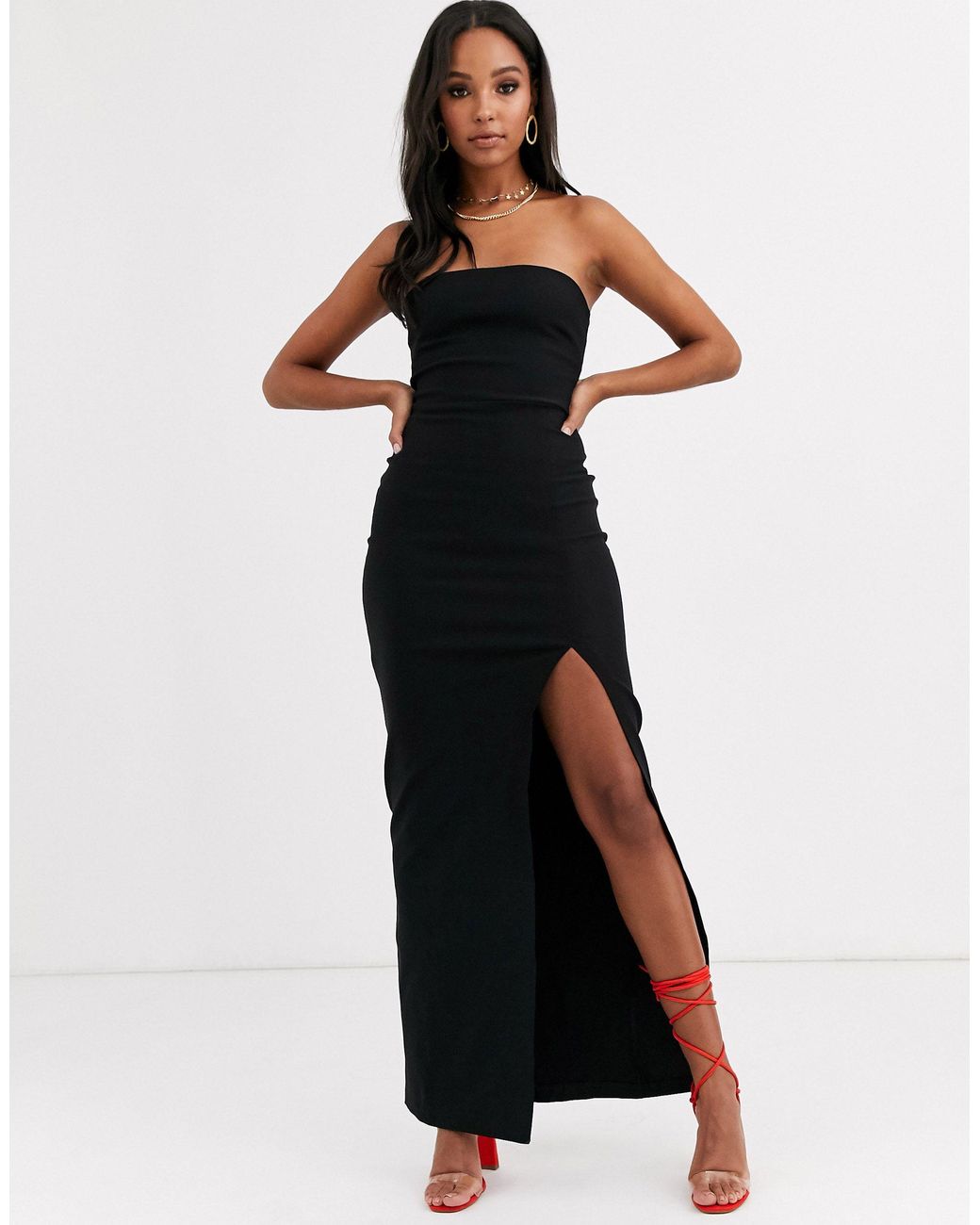 Vesper Synthetic Bandeau Maxi Dress With Leg Split in Black | Lyst