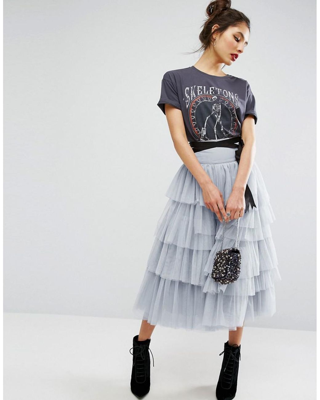 ASOS Asos Tulle Midi Prom Skirt With Tiers And Tie Waist in Gray | Lyst