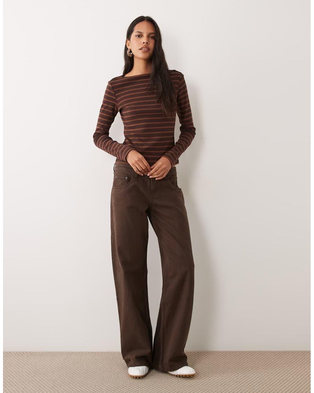 Mango Brown Boat Neck Long Sleeve Top