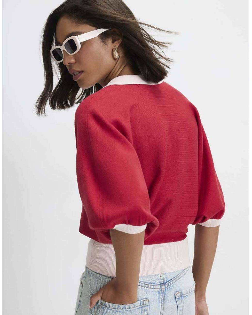 River Island Red Knitted Colour Block Slouch Polo Top