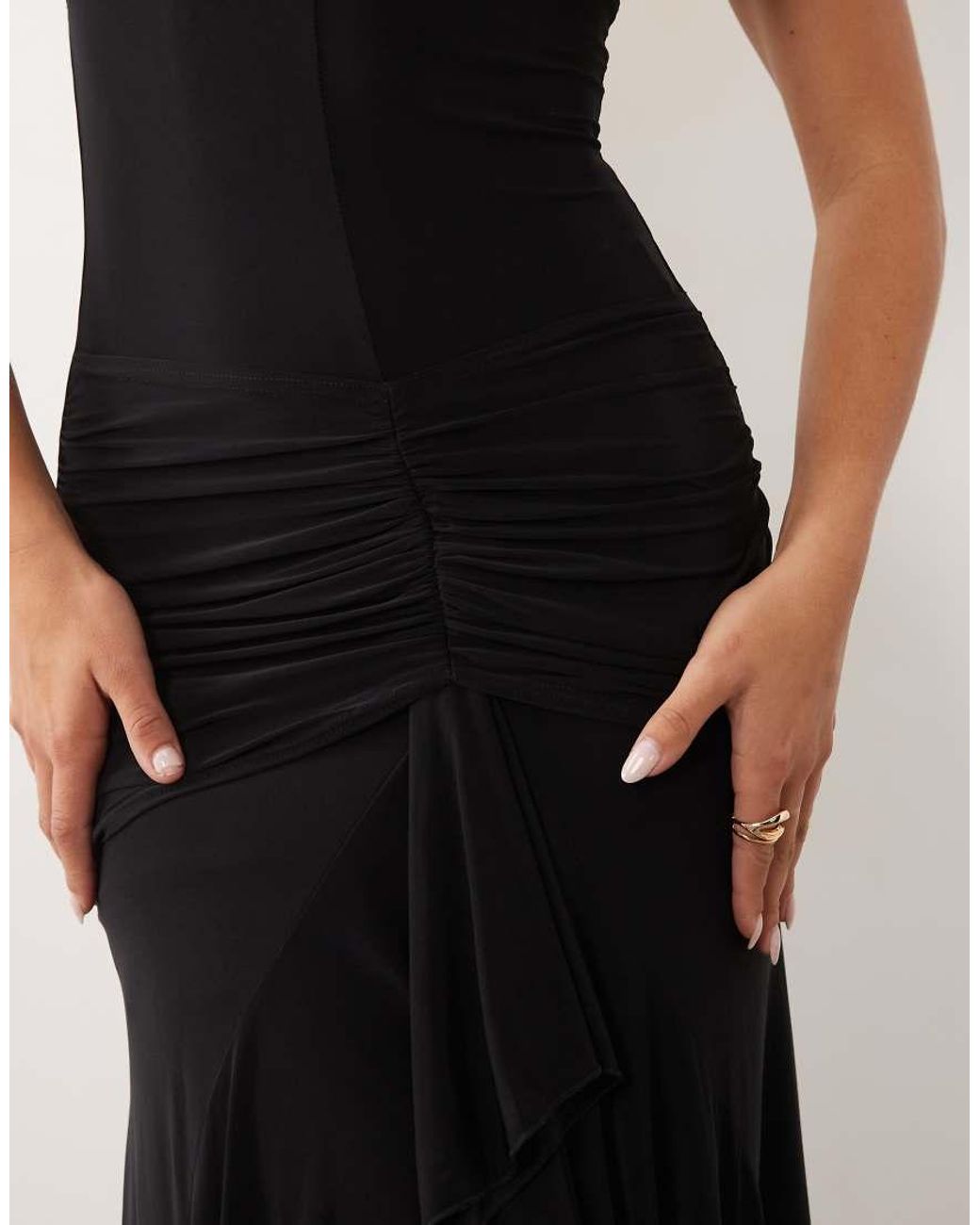 Fashionkilla Black Exclusive Double Sculpted Slinky Cami Ruffle Front High Low Maxi Dress