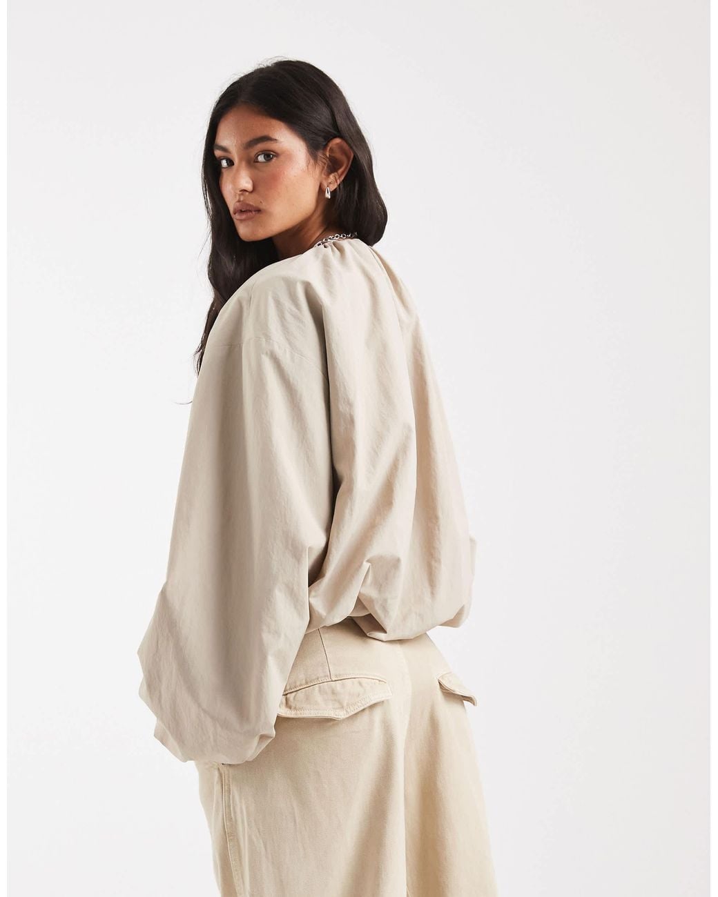ASOS Natural Cropped Bubble Hem Nylon Bomber Jacket
