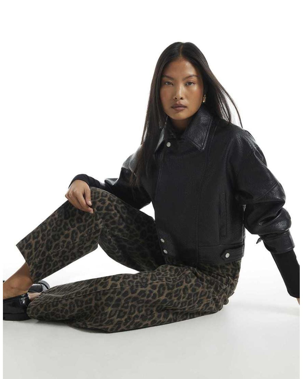 River Island Black Petite Leopard Print Barrel Leg Jeans