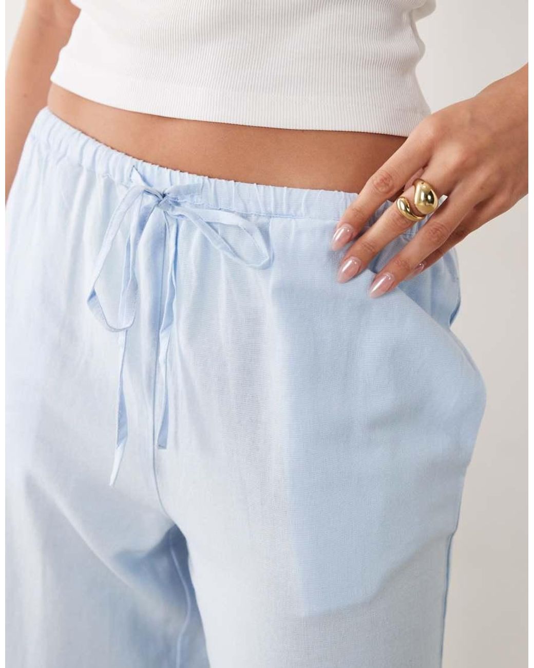 Vila Blue Linen Touch Tie Waist Wide Leg Trouser