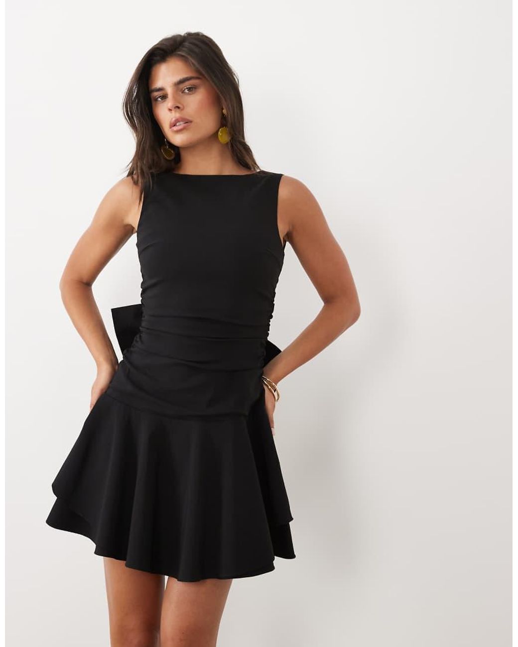 TFNC London Black Bengaline V Back Bow Detail Skater Mini Dress